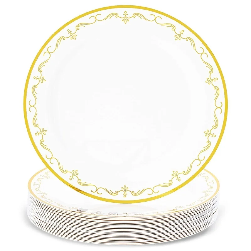 stackable serving bowls -24 Disposable Plastic Dinner Plates, Elegant Wedding Party Gold Decorative 9 in - 9" X 9"