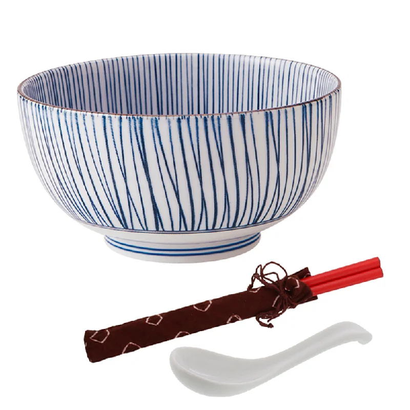 personalized melamine dinner plates -Blue Stripe Multi-Purpose Donburi Bowl with Chopsticks and Soup Spoon - Large