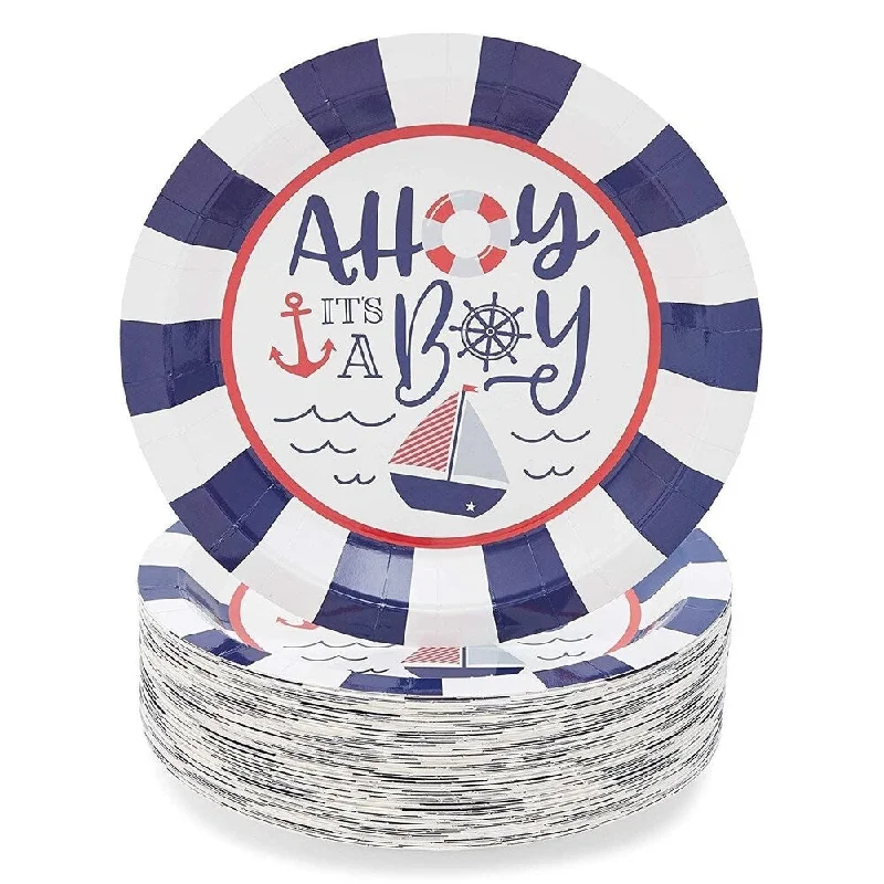 high-quality plastic serving cups -80-Pack Ahoy It's a Boy Nautical Disposable Party Paper Plates 9" for Baby Shower