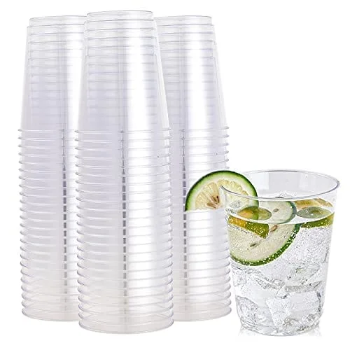 best custom tea cups -FOCUSLINE 100 Pack Clear Plastic Cups 10 oz Disposable Cups Heavy Duty Plastic Tumblers, Reusable Clear Hard Plastic Cups Tumblers for Wedding, Thanksgiving, Halloween, Christmas Party