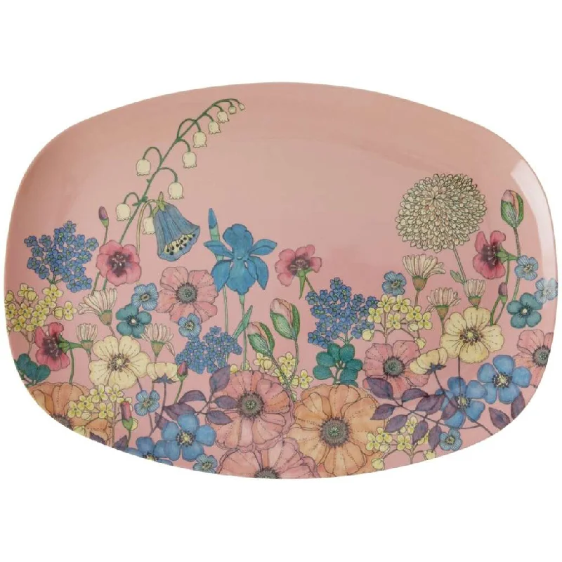 rustic dinner plates for home -Rice DK Melamine Rectangular Plate with Flower Collage Print - Soft Pink