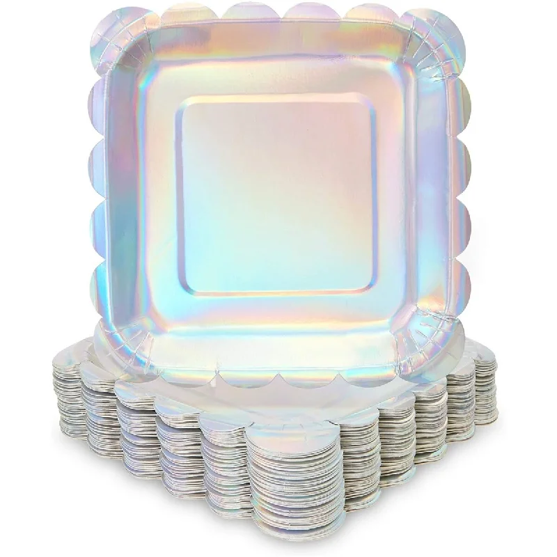 premium serving trays for catering -Silver Paper Plates with Scalloped Edge, Holographic (7 Inches, 48 Pack)