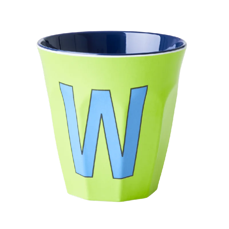 travel mugs with lid and straw -Two Melamine Cups - Medium with Alphabet in Bluish Colors | Letter W