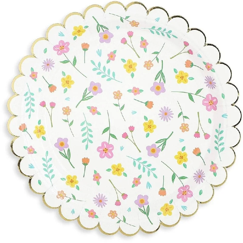 modern porcelain dinnerware sets -48x Floral Flower Party Paper Plates with Scalloped Gold Foil Edge, 7 Inches