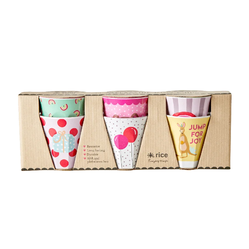 cute travel mugs for men -Melamine Cups with Assorted Party Animal Prints - Pink - Small - 6 pcs. in Gift Box