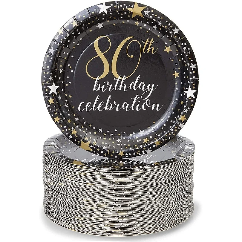 non-slip plastic serving trays -Paper Plates for 80th Birthday Party, Gold Foil (Black, 7 Inches, 80 Pack)