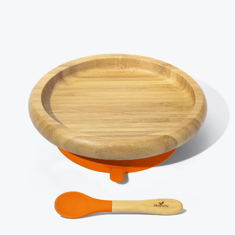 personalized serving trays for events -Avanchy Bamboo Suction Baby Plate + Spoon - Orange