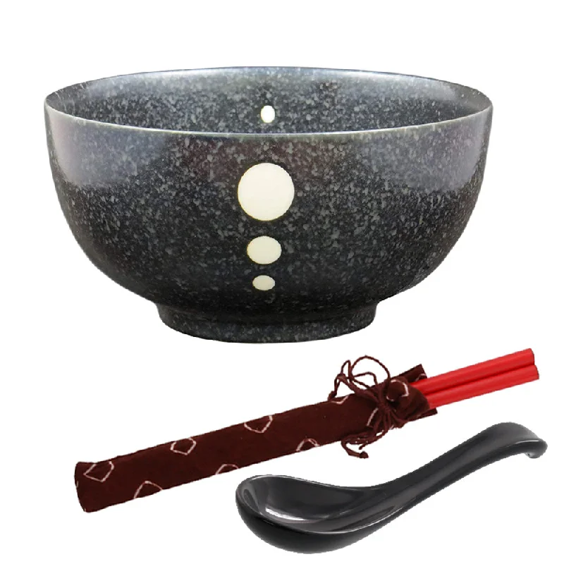 elegant kids dinnerware sets -Large Multi-Purpose Donburi Bowl with Chopsticks and Soup Spoon Made in Japan - Black with White Polka Dots