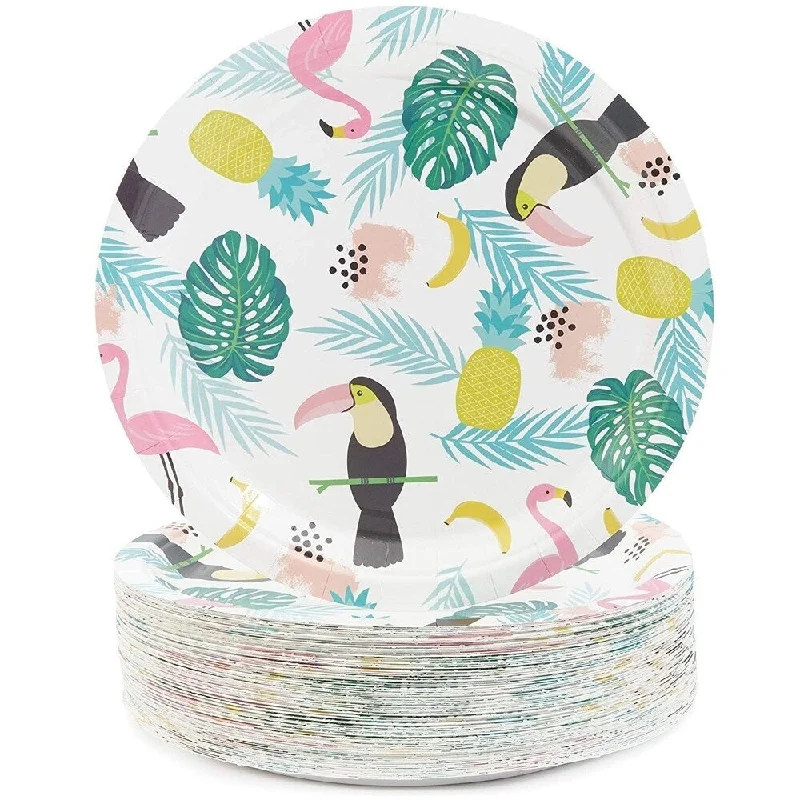 stackable dinnerware for small spaces -80-Pack Tropical Themed Party Disposable Paper Plates 9" for Birthday Party