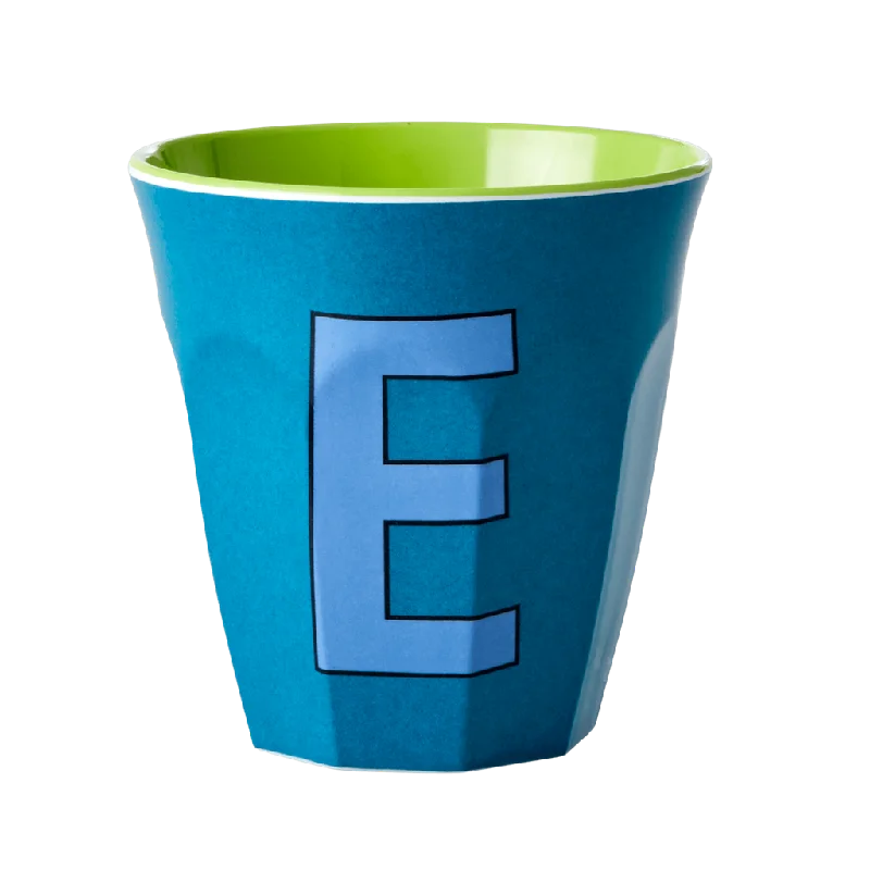 personalized ceramic tea mugs -Melamine Cup - Medium with Alphabet in Bluish Colors | Letter E