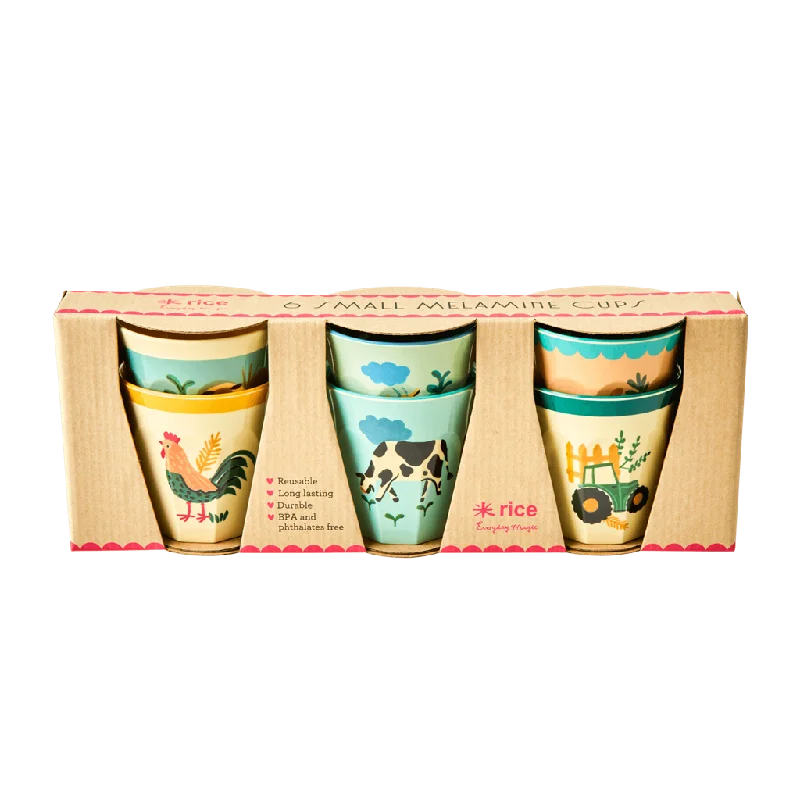 unique custom travel mugs -Melamine Kids Cups in Blue Farm Prints - Small - 6 pcs. in Gift Box