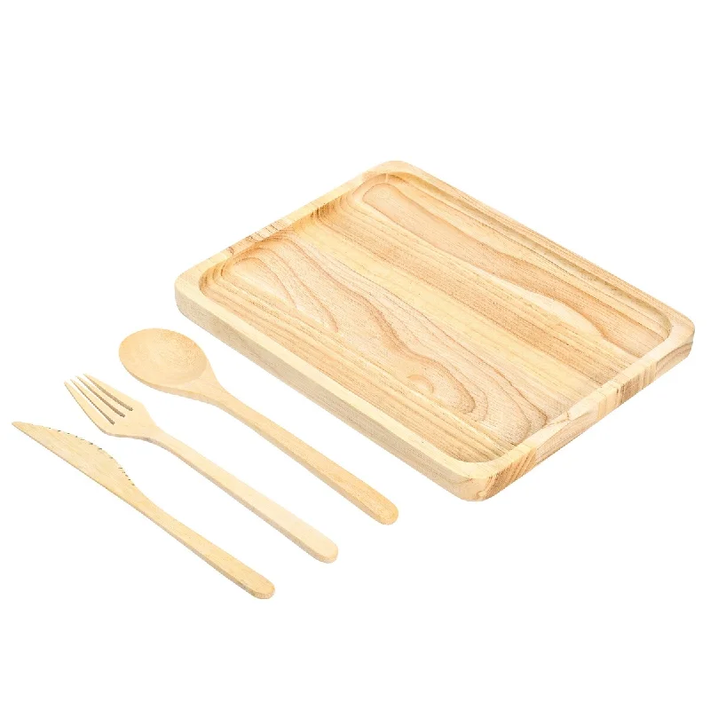 elegant glass dinnerware sets -Handcrafted Rectangular Natural Rain Tree Wooden Snack Plate and Utensils 4pcs (Thailand)