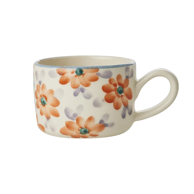 insulated coffee cups for winter -Ceramic Cappuccino Cup with Hand Painted Orange Flowers - 6.7 oz