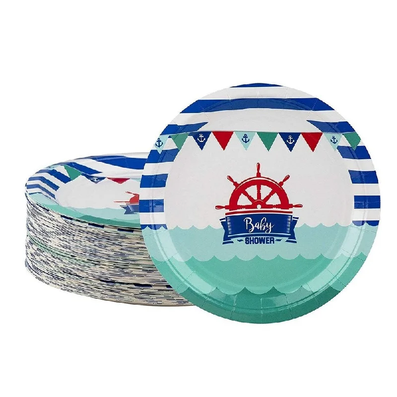 eco-friendly wooden cutlery sets -80-Pack Disposable Paper Plates, Nautical Themed Baby Shower Party Supplies, 9"