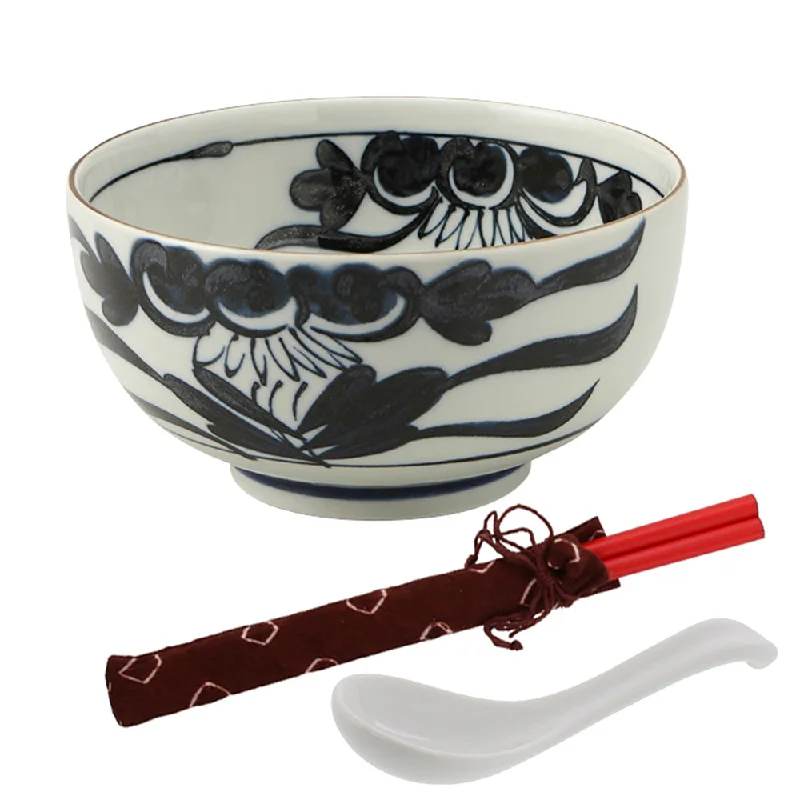 elegant bamboo serving platters -Traditional Multi-Purpose Donburi Bowl with Chopsticks and Soup Spoon - Large