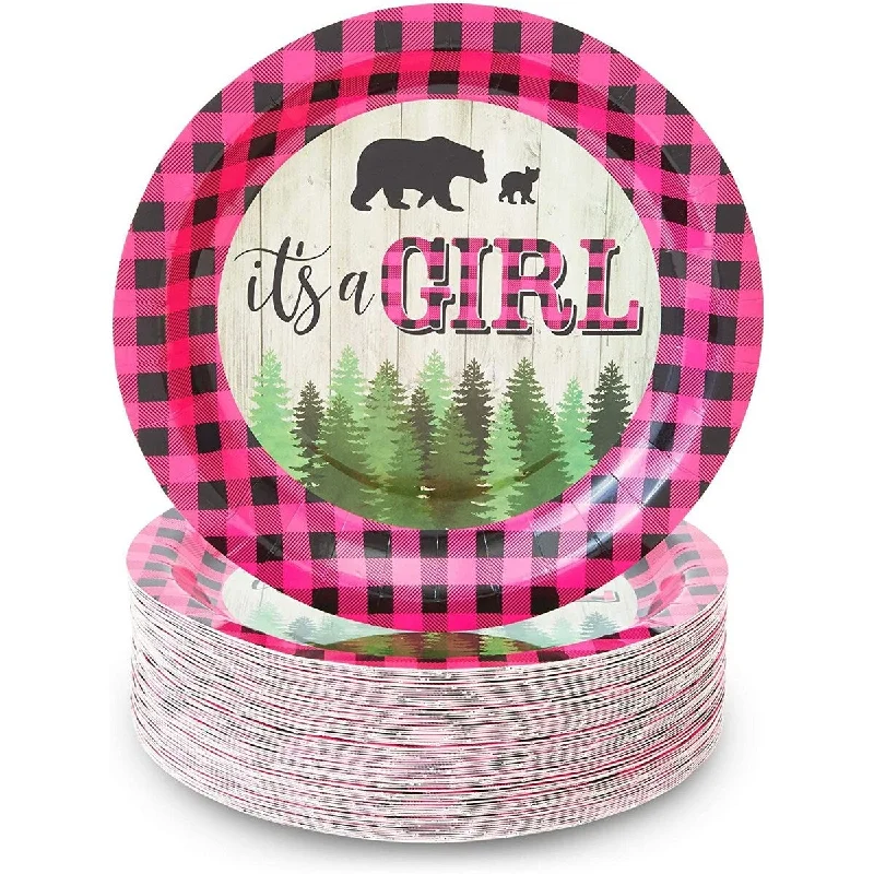 reusable plates for camping -Buffalo Plaid Paper Plates, It's A Girl Baby Shower Party (9 In, 80 Pack)