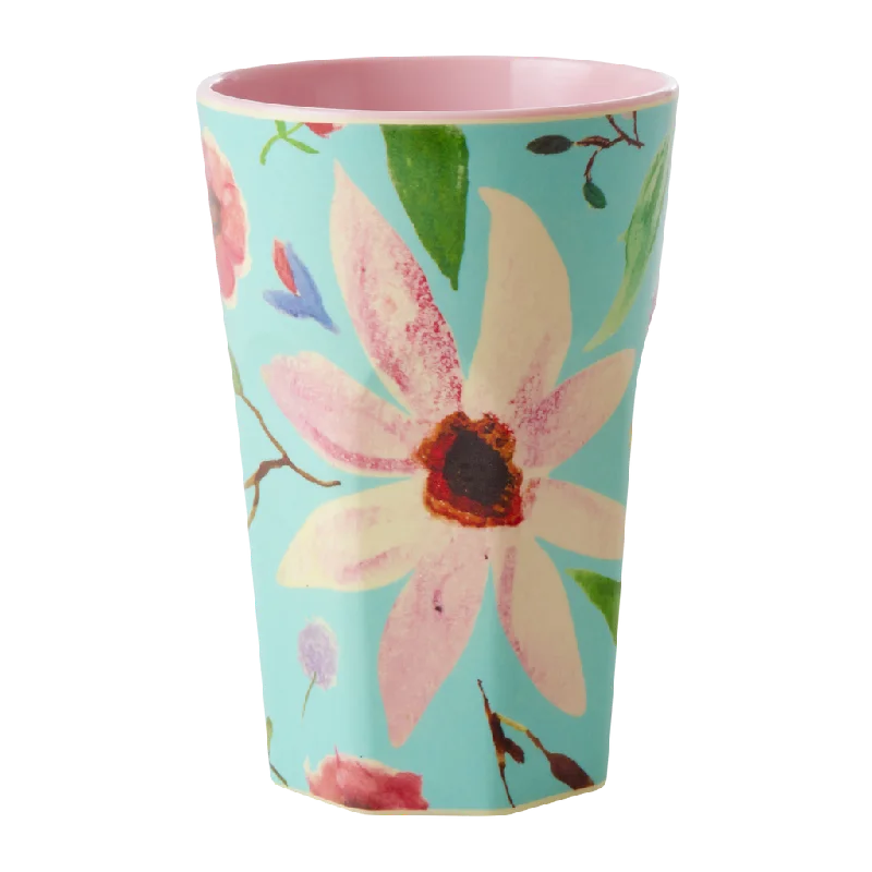 best coffee tumblers for travel -Melamine Tall Cup - Mint Selma Flower Print