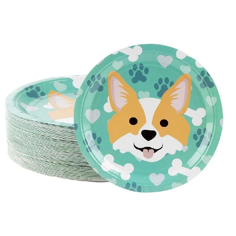 high-quality wooden plates for events -80-Count Disposable Paper Plates, Cute Corgi Pup With Paw Prints Design, 9 Inch