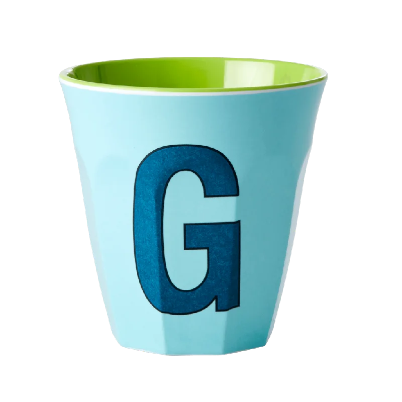 reusable coffee cups with logo -Melamine Cup - Medium with Alphabet in Bluish Colors | Letter G