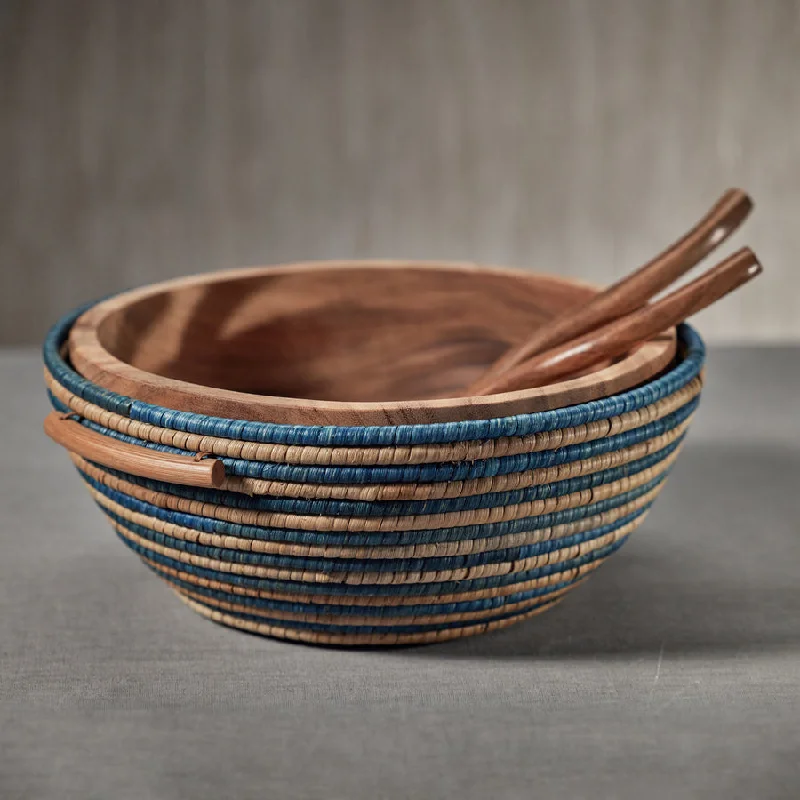 custom bamboo cutlery sets -Como Handwoven Rattan & Acacia Wood Bowl - Blue & Natural