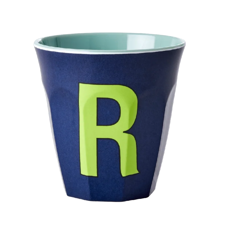 best tea mugs for gifts -Two Melamine Cups - Medium with Alphabet in Bluish Colors | Letter R