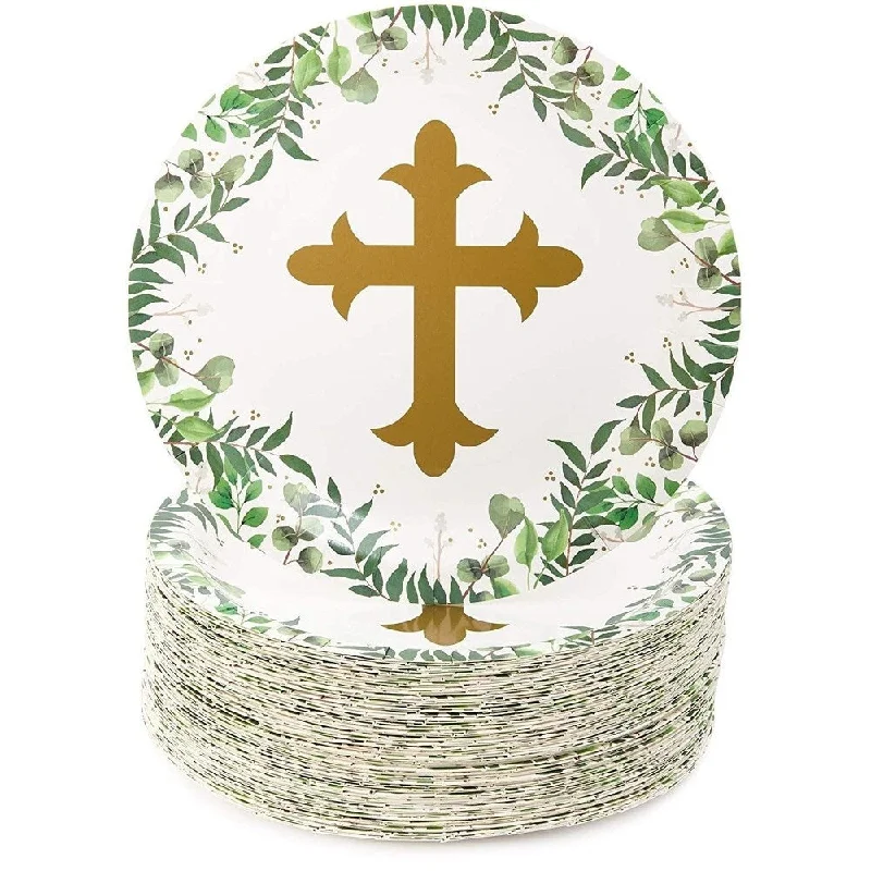 biodegradable dinner plates for restaurants -80-Pack Church with Religious Theme Disposable Paper Plates 9" for Baptism & Christening Party