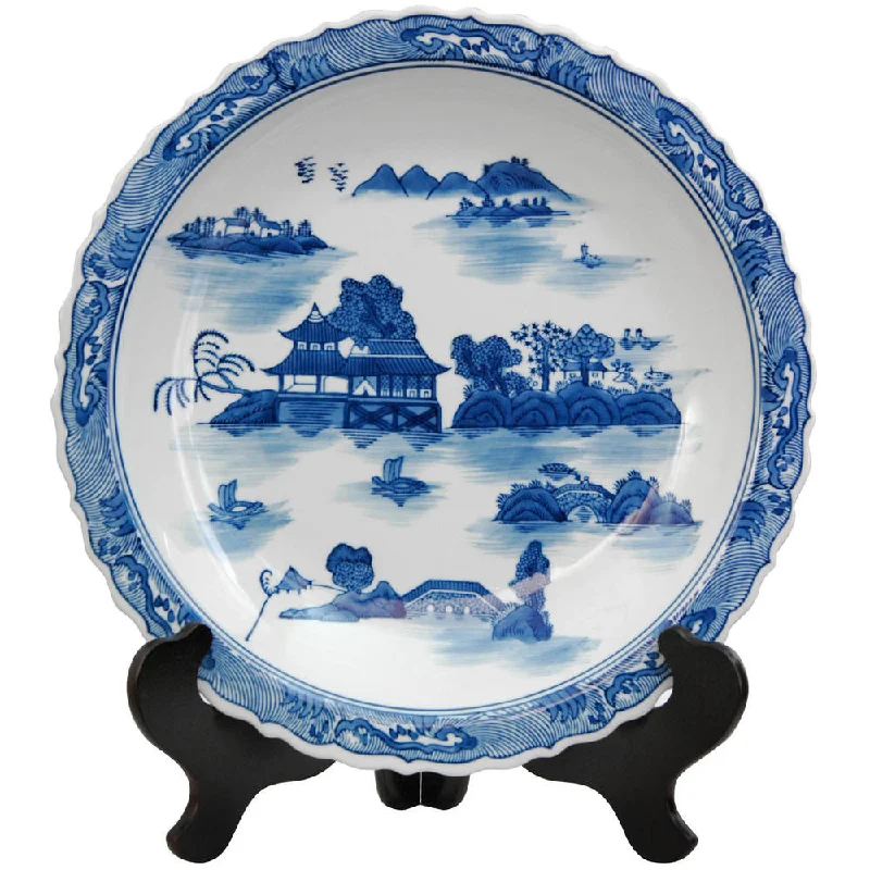 stackable serving plates -Porcelain 14-inch Blue and White Landscape Plate (China)