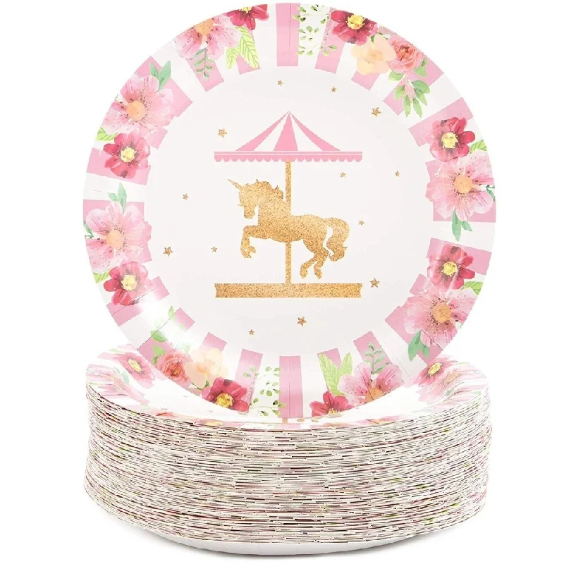 stylish bamboo cutlery sets -80-Pack Carousel Unicorn Party Disposable Paper Plates 9 " for Birthday Party