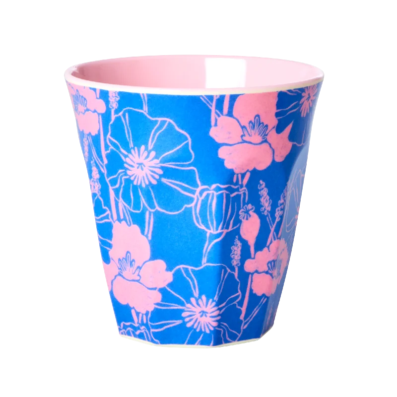 large travel mugs with handle -Medium Melamine Cup - Blue - Poppies Love Print