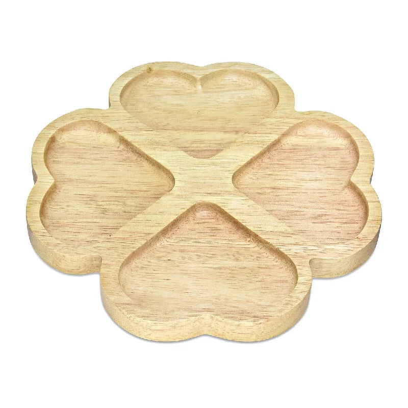 kids dinner plates with fun designs -Clover Hearts 4-Section Natural Rubber Tree Wooden Divided Serving Plate (Thailand)