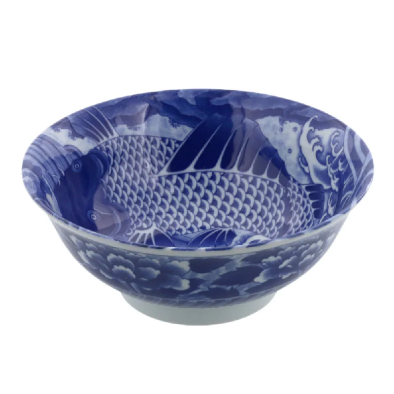 stylish bamboo cutlery sets -Blue and White Donburi Bowl - Koi