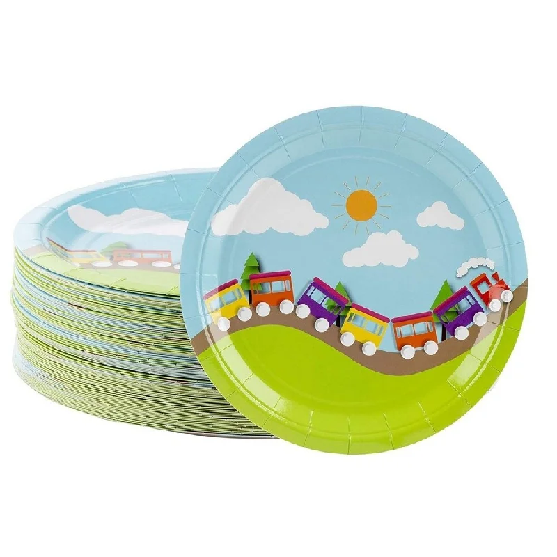 elegant kids dinnerware sets -80-Count Disposable Paper Plates, Colorful Train Party Supplies, 9 Inches