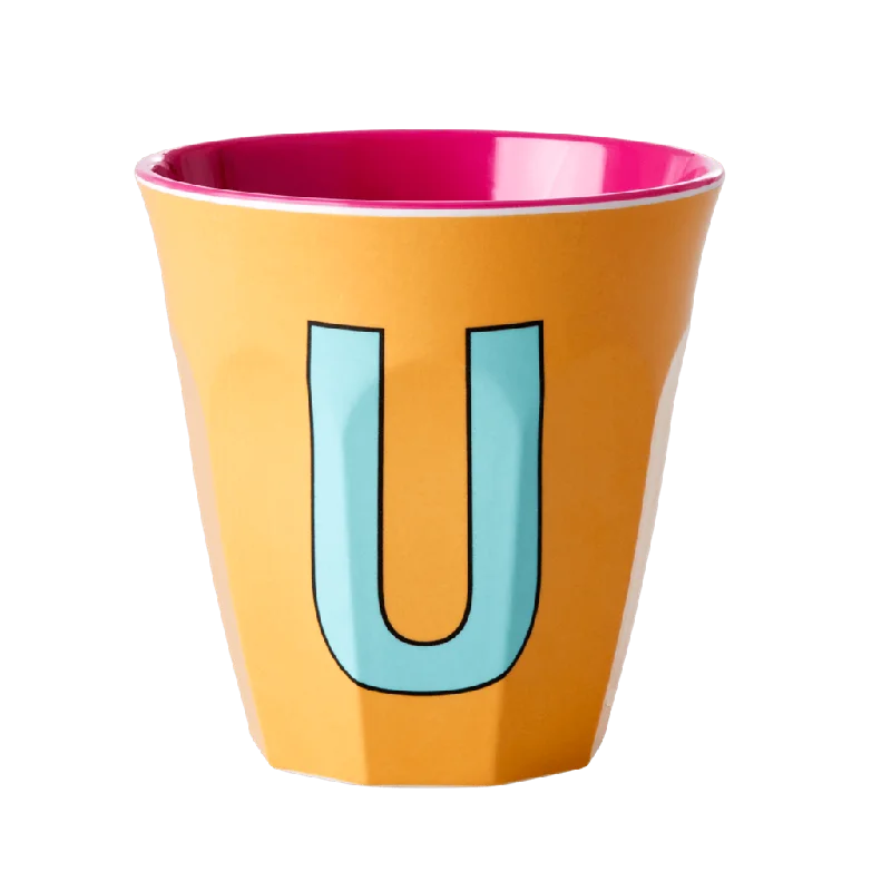 insulated coffee cups with straw -Melamine Cup - Medium with Alphabet in Pinkish Colors | Letter U