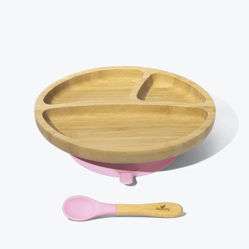 disposable plates for formal events -Avanchy Bamboo Suction Toddler Plate + Spoon - Pink