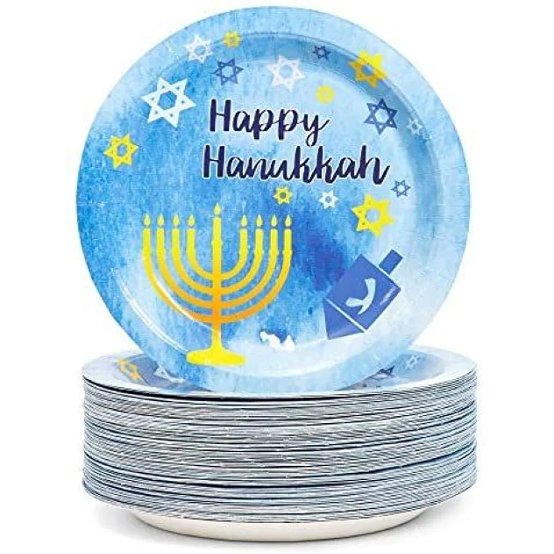 heavy-duty plastic dinnerware sets -Happy Hanukkah Disposable Paper Party Plates (Blue and Gold, 9 in, 80 Count)