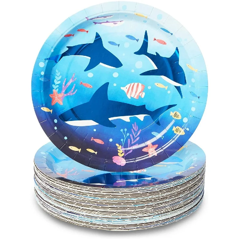 heavy-duty glass drinkware -Shark Party Plates (7 In, 48-Pack)