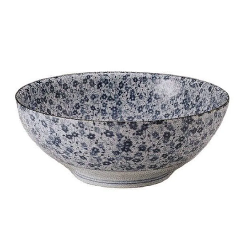 high-quality camping dinnerware -Large 51 oz Wide Mouth Ramen, Donburi Bowl Indigo Floral (Aizome Kobana)