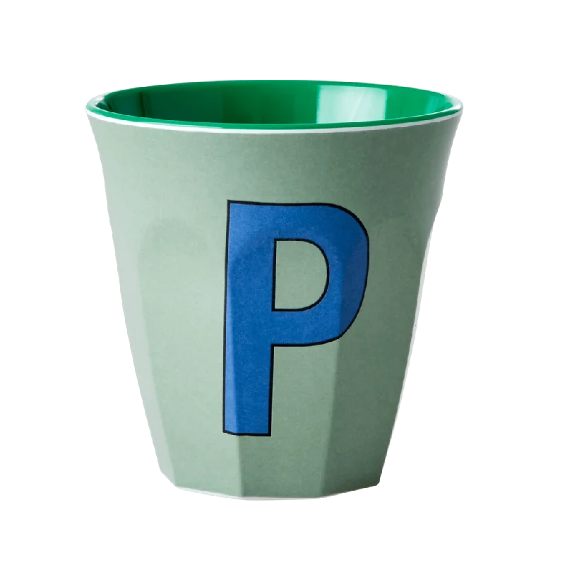 eco friendly coffee cups for work -Two Melamine Cups - Medium with Alphabet in Bluish Colors | Letter P