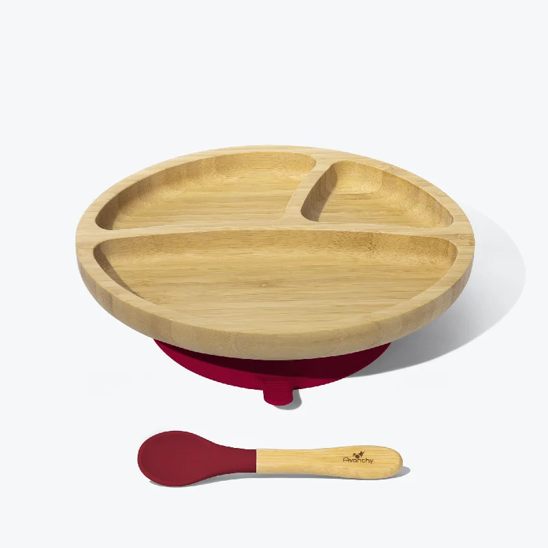 biodegradable plates for outdoor events -Avanchy Bamboo Suction Toddler Plate + Spoon - Magenta