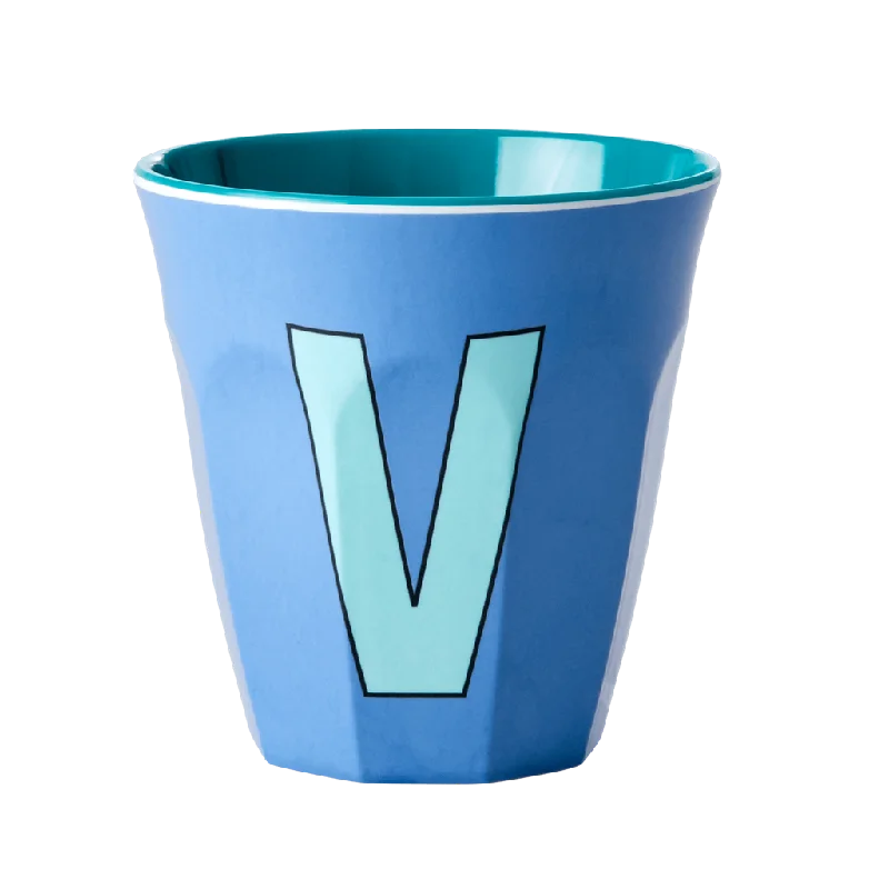 unique travel mugs for coffee -Melamine Cup - Medium with Alphabet in Bluish Colors | Letter V