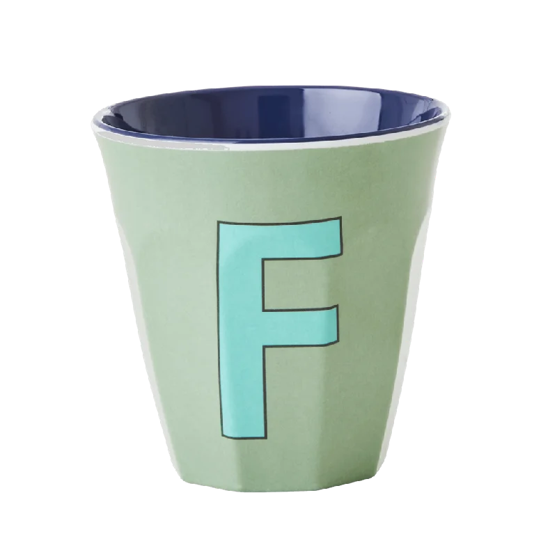 personalized coffee mugs with name and design -Two Melamine Cups - Medium with Alphabet in Bluish Colors | Letter F