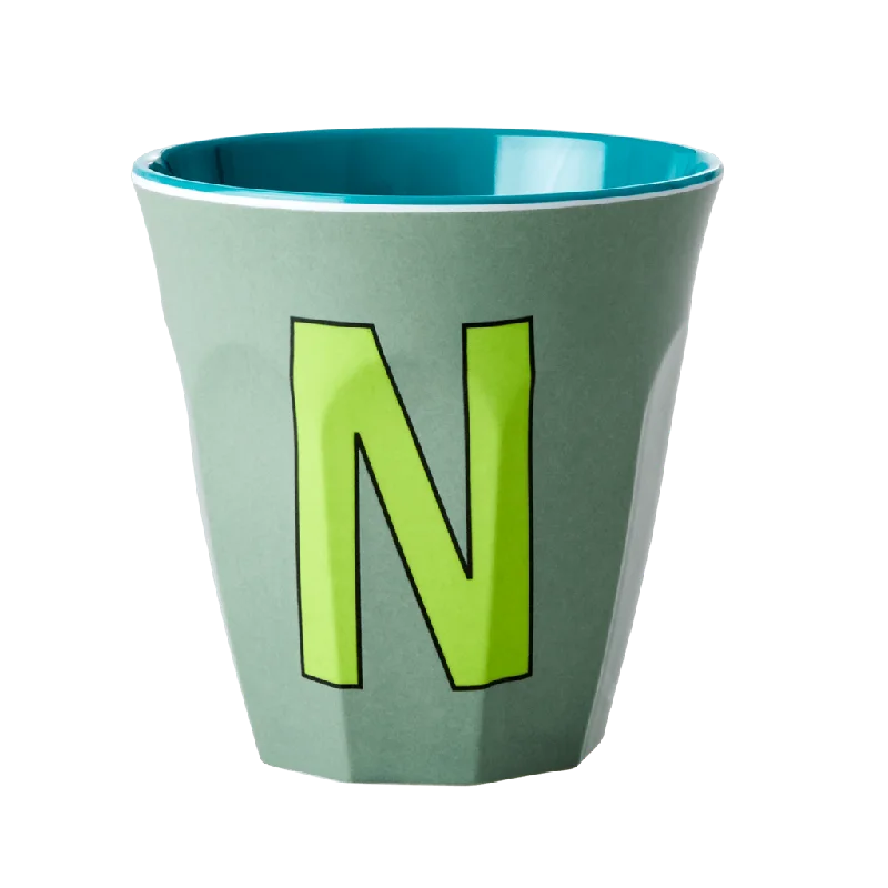 coffee mugs with photo and name -Two Melamine Cups - Medium with Alphabet in Bluish Colors | Letter N