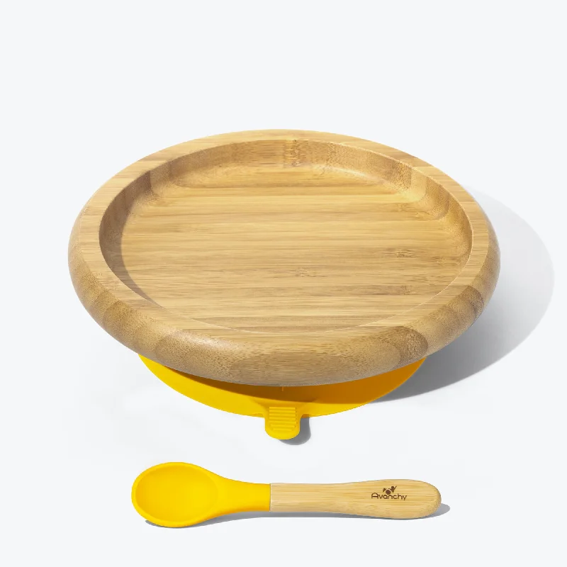 high-quality bamboo dinner plates -Avanchy Bamboo Suction Baby Plate + Spoon - Yellow