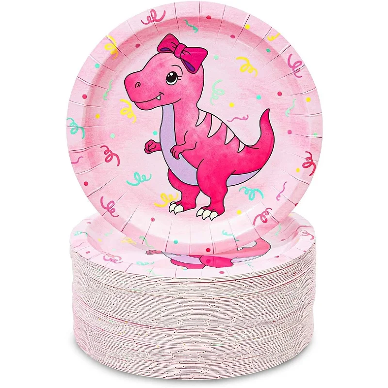 personalized melamine dinner plates -Bulk 80 Pink Dinosaur Party Paper Plates Girl Baby Shower Birthday Supplies 7in