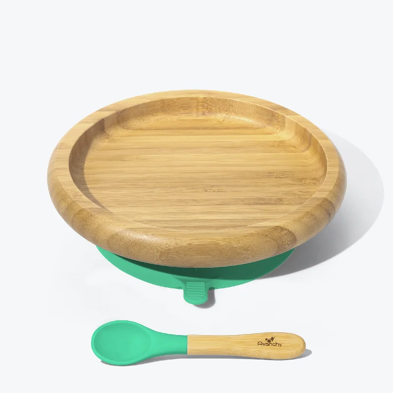 elegant dinner plates for everyday use -Avanchy Bamboo Suction Baby Plate + Spoon - Green