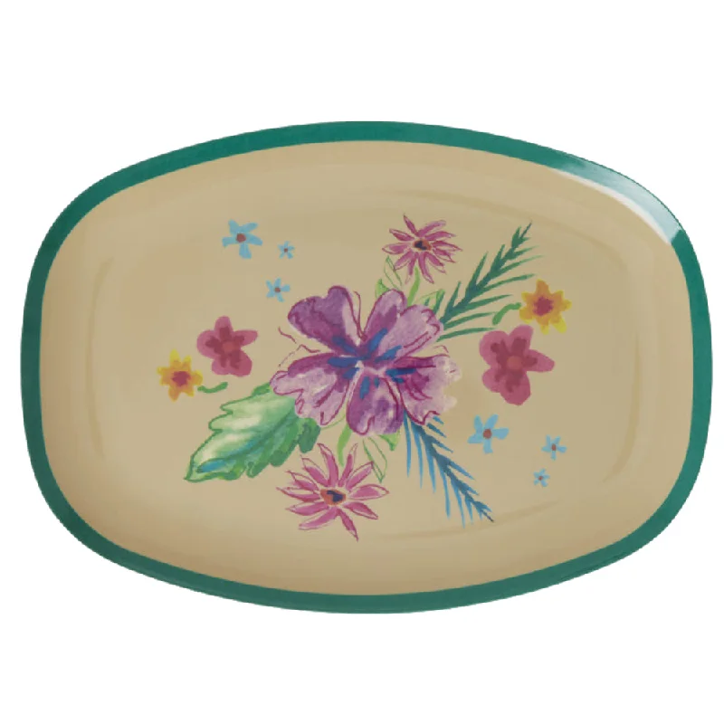 non-slip plastic serving trays -Rice DK Melamine Rectangular Plate with Arda Bloom Print