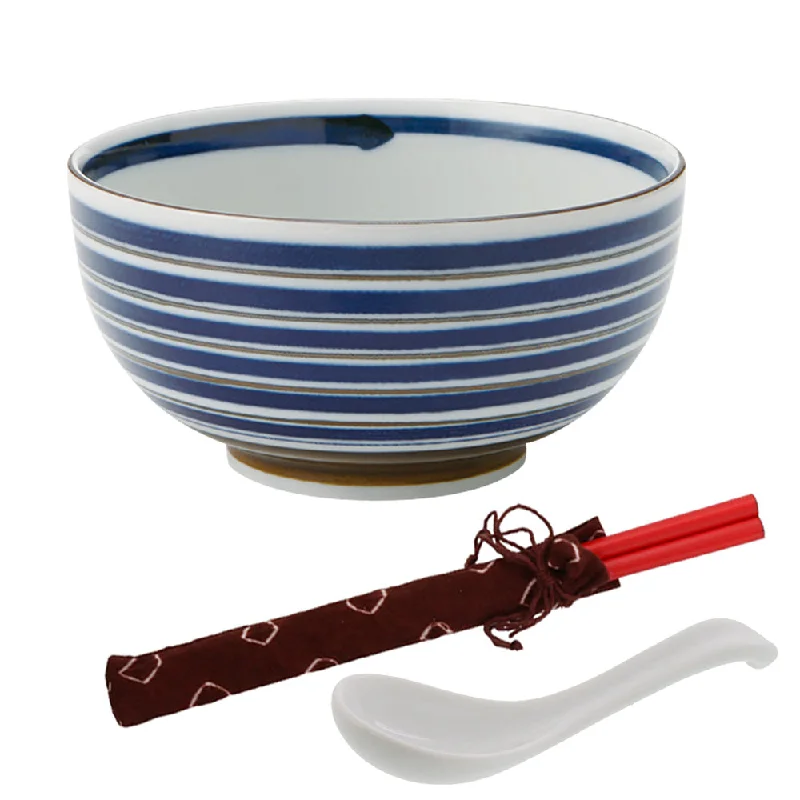 disposable paper cups for parties -Blue and Brown Stripe Multi-Purpose Donburi Bowl with Chopsticks and Soup Spoon - Large