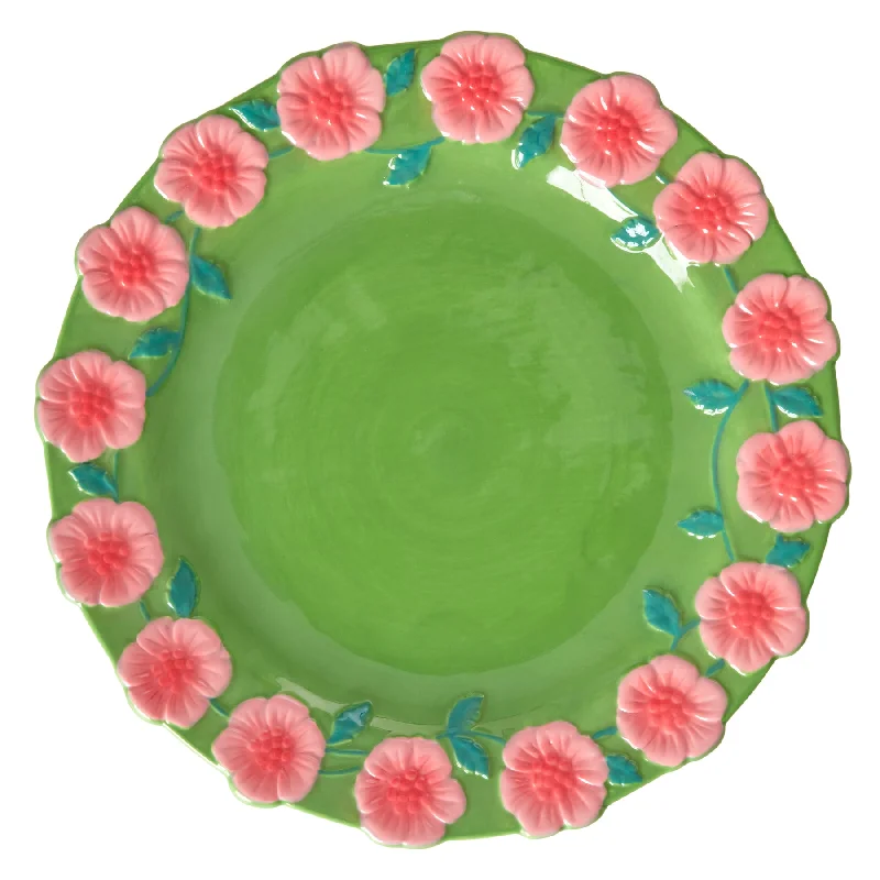 elegant bamboo serving platters -Rice DK Ceramic Dinner Plate with Embossed Flower Design - Green