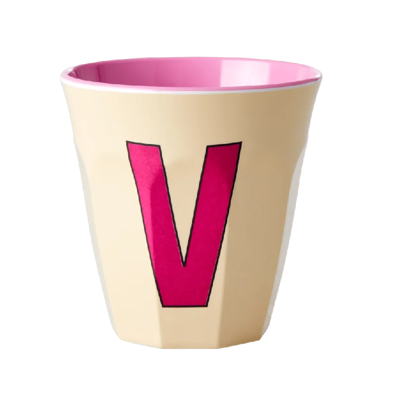 motivational coffee mugs with quotes -Melamine Cup - Medium with Alphabet in Pinkish Colors | Letter V