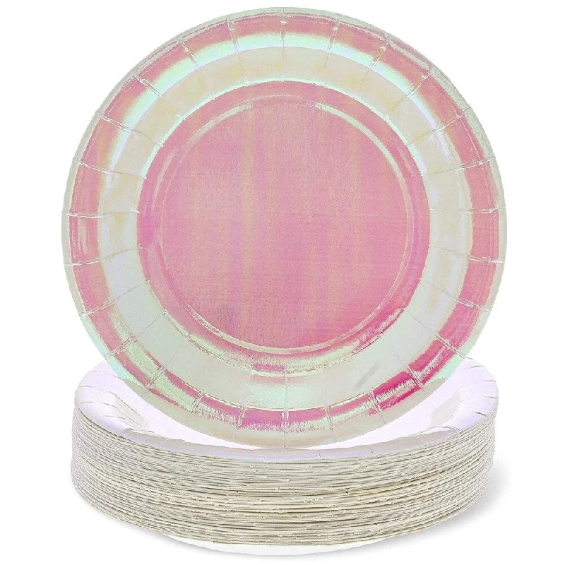 luxury bamboo dinnerware for parties -48-Count Pink Holographic Paper Disposable Plates for Birthday Party, 9-inch